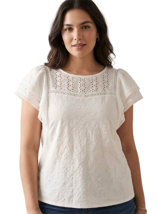LOFT Tops - LOFT Off-White Eyelet Yoke Flutter Sleeve Blouse Size M
